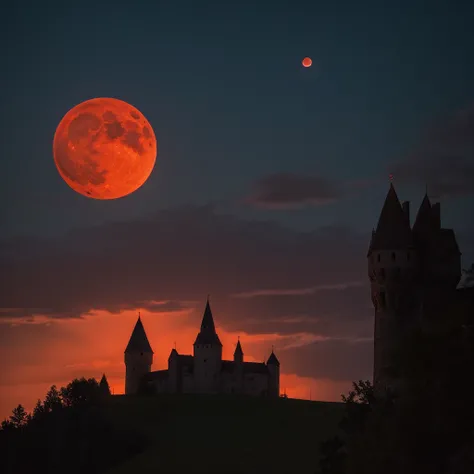 Night, big red moon, old castle in the distance, dark