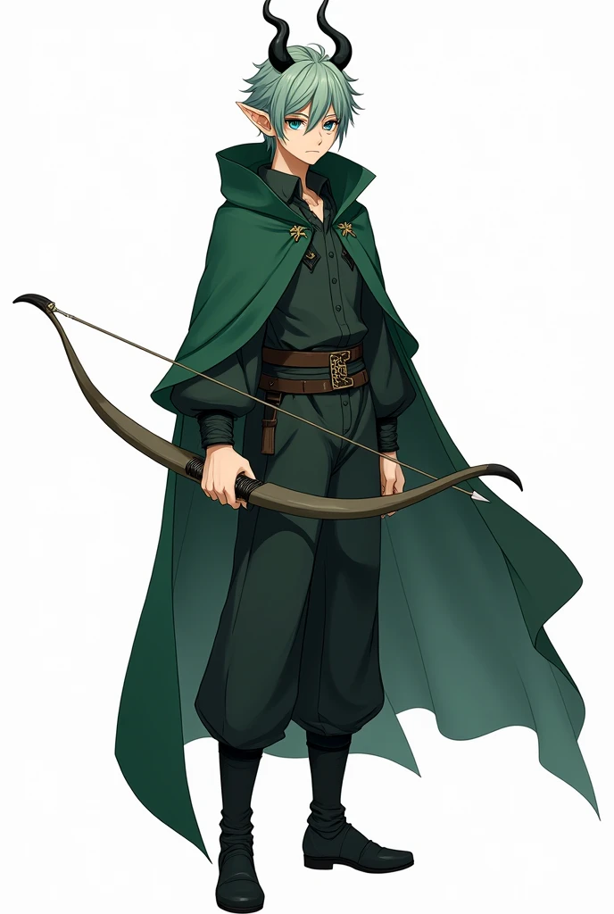 Make a full body male anime transparent background archer elf with horns and wearing dark green clothes , a cape and a hood
Make his ears smaller