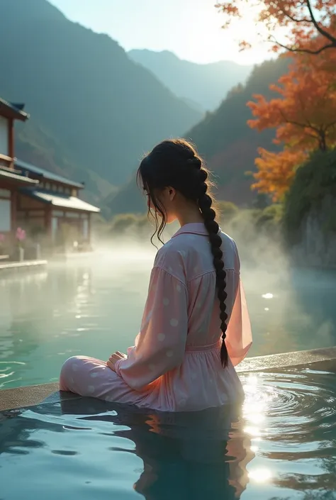 A pretty asian woman with hair braids, wearing polka dot pajamas, visited the hot spring village in the mountain during the autumn, the leaves are changing color and the air is crisp, before sunset. She decided to take a dip, walked to the hot spring. Amaz...