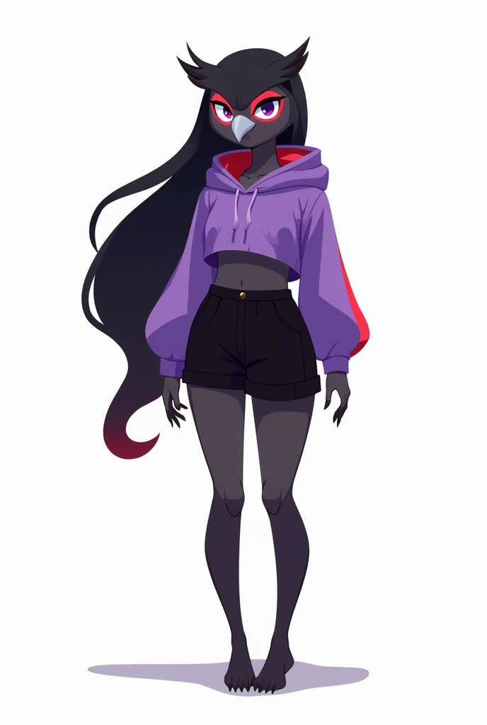 flat colors, an Anthropomorphic avian owl girl, female, small grey beak, tall and slender, large owl tail, black body, standing, white background, d cup breasts, purple eyes, long black hair with a red stripe, hands with five fingers, wearing a purple crop...