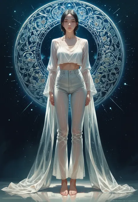 work of art, a beautiful goddess of the void, full body in transparent white clothes, standing beneath the empty night stars, di...