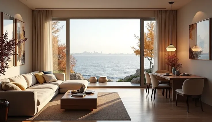 New York style apartment overlooking the sea, on voi la mer à travers la baie vitrée pendant la saison dautomne.