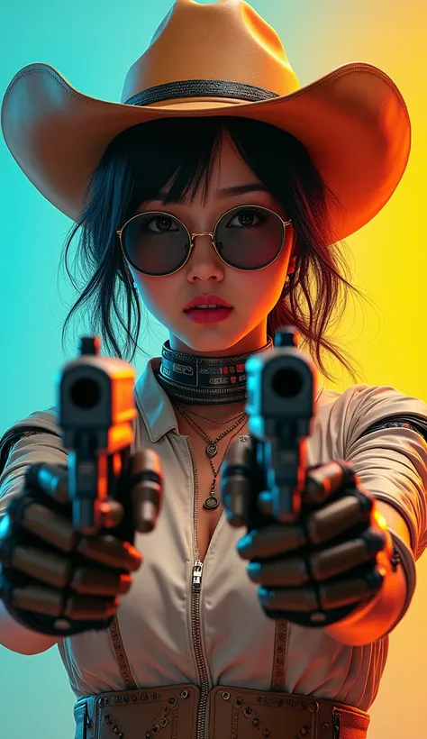 A surreal portrait in the style of gwb01st, depicts the Korean beauty as a cyborg cowgirl, wearing glasses and a hat, with two pistols pointed towards the viewer using her cyborg arms. The background has abstract colors that complement the scene. The image...