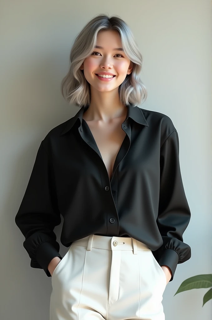 A cute and fair woman, white pant, black shirt with buttons on, grey hai