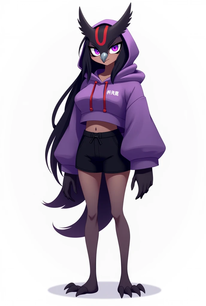 flat colors, an Anthropomorphic avian owl girl, female, small grey beak, tall and slender, large owl tail, black body, standing, white background, d cup breasts, purple eyes, long black hair with a red stripe, hands with five fingers, wearing a purple crop...