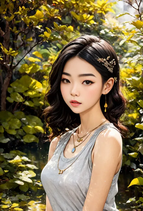 araped asian woman wearing necklace and gray tank top, beautiful young korean woman, gorgeous young korean girl, beautiful south...