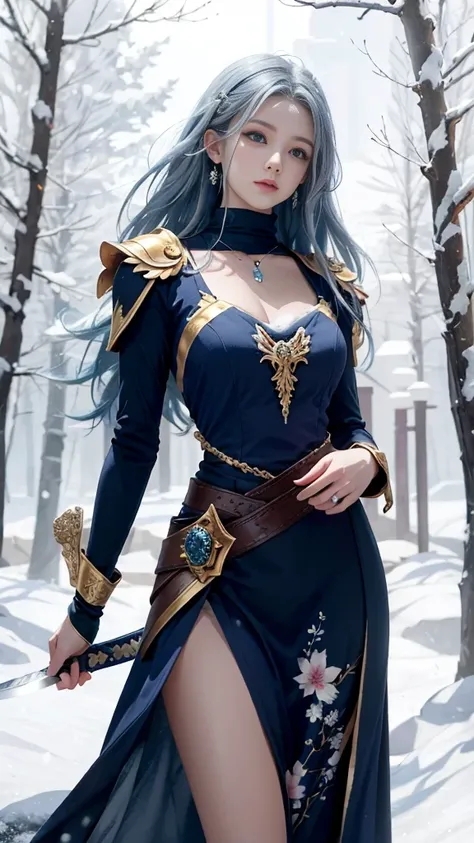 Create a breathtaking scene of a fantasy warrior woman in a snowy winter landscape. She has long, flowing blue hair and is wearing an intricately designed dark blue dress adorned with silver and pink jewels. The warrior holds a magnificent sword with a glo...