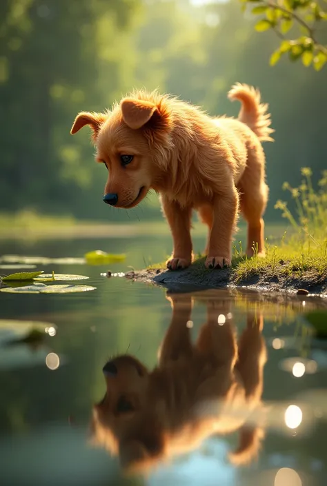 dog seeing his reflection in the water