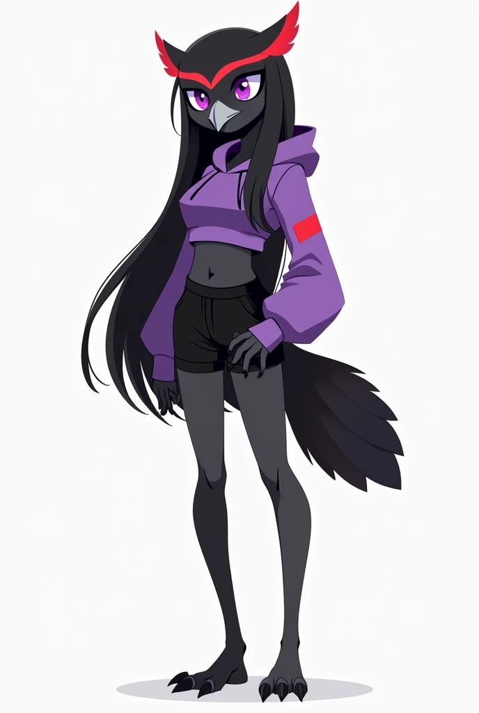 flat colors, an Anthropomorphic avian owl girl, female, small grey beak, tall and slender, large owl tail, black body, standing, white background, d cup breasts, purple eyes, long black hair with a red stripe, hands with five fingers, wearing a purple crop...