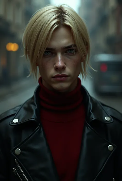 A boy with straight blond hair wearing a crimson turtleneck and a black leather jacket With stubble, tall height, black eyes and elongated face