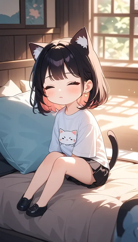 Masterpiece, 8k quality, (absurdres, super detailed), (absurdres, beautiful background, detailed background), (anime style:1.3),

a cat illustration, a female cat, (chibi), (kawaii), (very sleepy:1.2), closing eyes, sitting on the owner’s bed,

shader, cin...