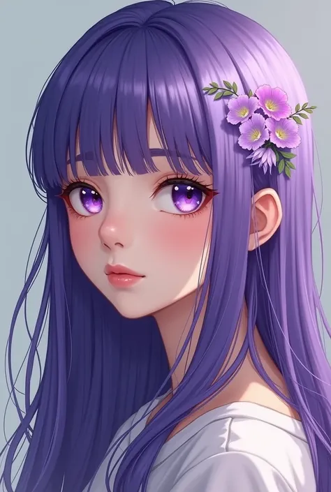 *I am a girl with striking and memorable hair with long violet hair loose behind her back, and on the right side of the head is attached a hair clip with light violet flowers that resemble morning glories. The vibrant color of her hair contrasts with her i...