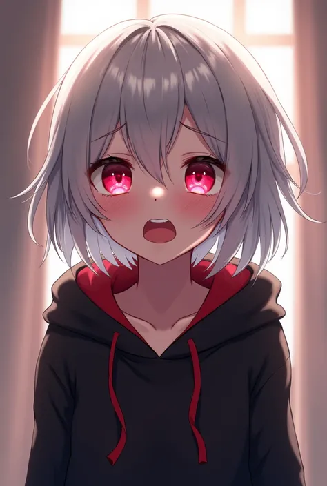 銀色の短い髪と赤い目をしたCharacters、Wearing a black hoodie with red strings。. ,  The lighting is soft、There is light reflection in the hair。. Characters、Blushing and sweating etc.、Appears to have a surprised or embarrassed look on his face。., View from the front。, Cap...