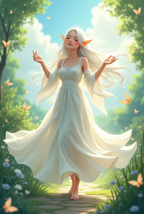 Fantasy, elf, in a white open dress
, butterflies, dancing, White hair, closed eyes, smile, a little blush, anime 