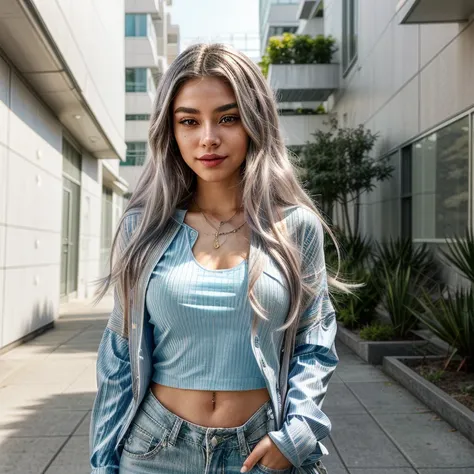 Nyra Celeste, the 2 virtual influencer, exudes an ethereal and serene vibe with her long silver hair cascading over her face, radiating a sense of peace and modernity. Her style is casual yet distinctive, wearing a striped shirt with a small alien symbol, ...