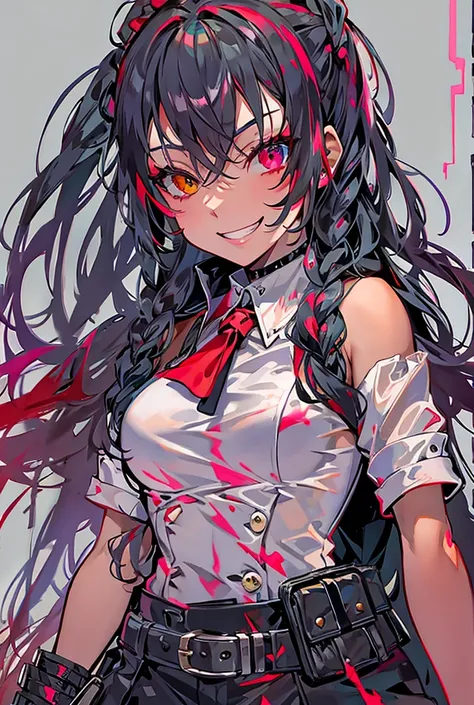 Sadistic woman,Sensual quality at its finest, Textured skin, Bangs braids, Shiny Hair, Hair that hides one eye, Black Lips, Grin, Guard uniform,Red Whip with Spikes,Anime Style, Character portrait, Heterochromia, 