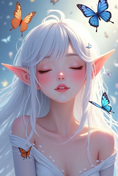 Fantasy, adult elf,
, butterflies, dancing, White hair, closed eyes, smile, a little blush, anime 