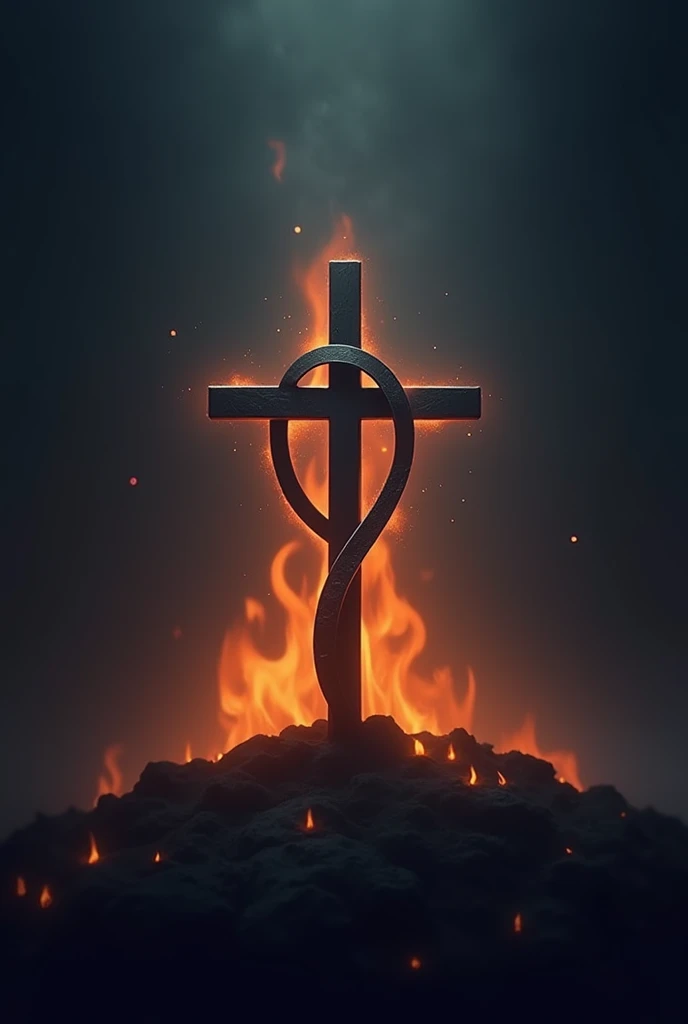 draw a cross with infinity logo wrapped around the cross and make it simple, add simple fire or light behind the cross