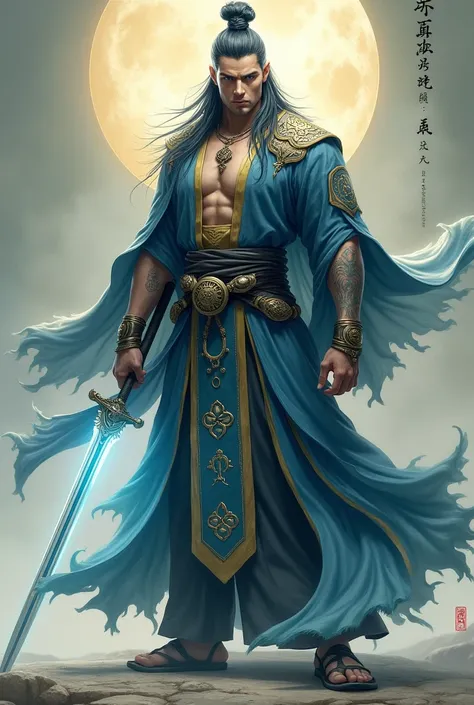 A majestic monk standing tall at approximately 1.85 meters, with a sturdy and firmly muscled body that speaks of intense discipline and training. His angular face, marked by strong masculine features, is framed by long, jet-black hair tied high with an ele...