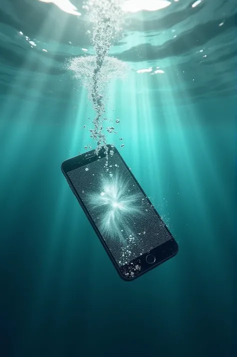 A phone fell into a water while it projects a photo glitching. Underwater. With water bubbles going upward. 