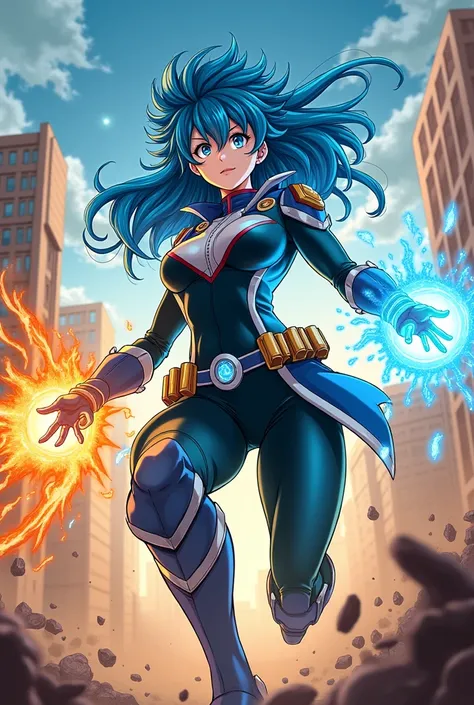 My hero academia tall girl blue hair light blue eyes pale skin with water and fire hero suit