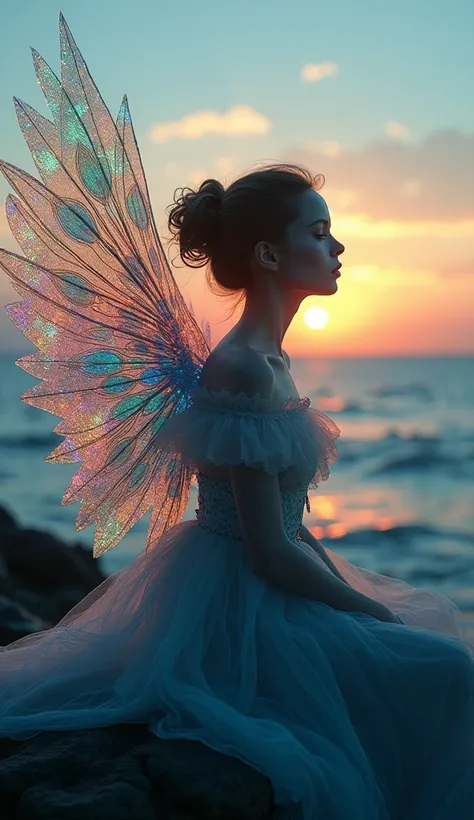 1 Girl, Mysterious Opera Singer, Solitary, Peacock wings, Holographic Fallen Angel, Absurdist Aesthetics, Beautiful singing echoes, Sitting on the rocks by the sea and gazing into the distance, Holographic Gothic Fantasy, Alvo, (best quality,4K,8K,high res...