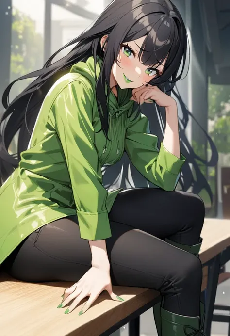 1girl, solo, black hair long hair green eyes green lipstick dodgy smile green raincoat black pants high boots sitting on the table sexy pose 