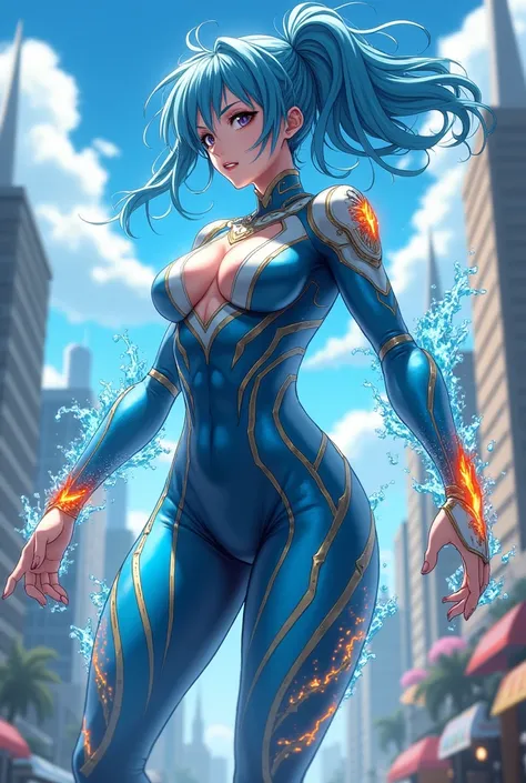 My hero academia tall girl blue hair light blue eyes pale skin with water and fire hero suit with uniform 