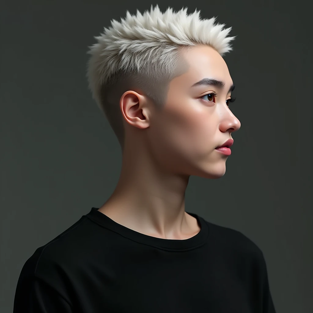 Shaved short hair, white hair, looking to the side, profile portrait 2.5D Wearing a black T-shirt Thick, well-raised eyebrows A neat nose Beautiful mouth 2.5D 