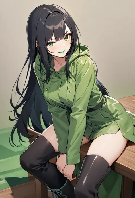 1girl, solo, black hair long hair green eyes green lipstick dodgy smile green raincoat black pants high boots sitting on the table sexy pose 