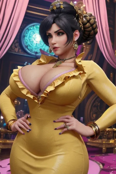 Tifa lockhart, implanted Big breast, ((long sleeve thin yellow  dress that show body curve with a cleavage)),Game,1girl,Jewel ring,Gold chained round shape necklace,Hoopa earring,Bracelet,Big cleavage,topknot hair bun,((big Beehive hair Bun)) ,black hair,C...