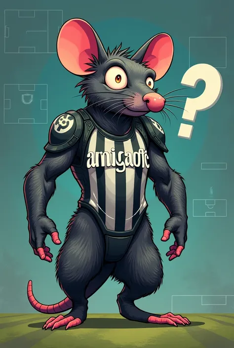 Tall Rat , strong and with doubts, style cartoon,  Profile, wearing a futuristic armor with vertical black and white stripes. with hand on chin, and the word &#39;&#39;AMIGAOFC&#39;&#39; on the chest, with a question mark above his head. And in the backgro...