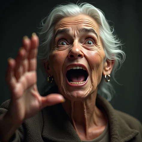 Raise one hand high、Screaming intelligent old lady: "A lifelike image of an elderly woman with a wrinkled face, raising one hand in the air as if delivering a powerful speech. Her mouth is open in a shout, and her eyes are wide with intensity, exuding conf...