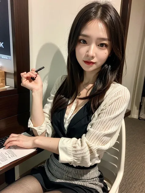 (Elite secretary in light lingerie), sit on chair，working in office、 (wear pantyhose)、(short layer hair)、 Wear high-end high heels、 (stockings and skirt), shirt secretary, merchant,  wear a shirt and skirt, Professional attire, business attire, original ph...