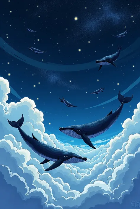 Create a picture with whales in the clouds and a starry sky in a manga style