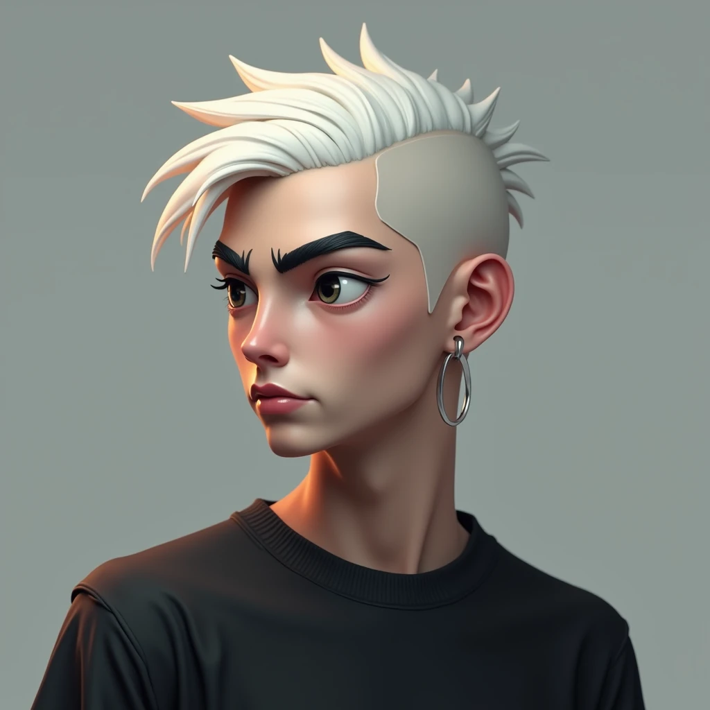 Shaved short hair, white hair, man, cool, young, slender man, looking to the side, profile portrait 2.5D Wearing a black T-shirt Thick, well-raised eyebrows A neat nose Beautiful mouth 2.5D 