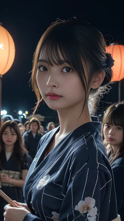  2, Beautiful woman, Clothes are not taken off, smile:1.2, looking at the camera, yukata:1.3, (Fireworks are going off in the distance、summer festival、Festival food stalls、Lantern、Night Festival、updo、Wearing a flower in her hair、The festival is crowded wit...