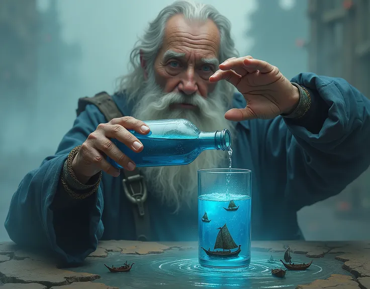 An elder man pouring the sea from a bottle, filling a glass, with small boats floating in it.