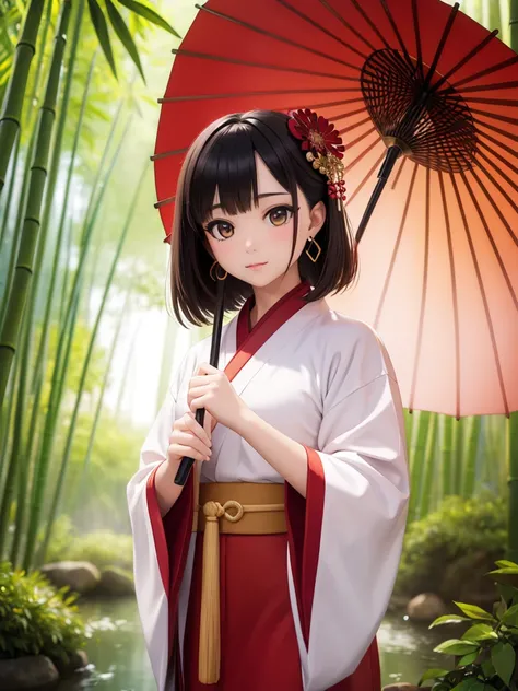 Masterpiece, extremely detailed CG unity 8k wallpaper, 1 girl, beautiful, realistic, blur, blurred background, blurred foreground, bamboo forest, depth of field, earrings, jewelry, nose, realistic, solo, hanfu, holding oli paper umbrella, rain