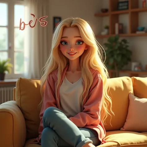 long blonde female, wearing black casual fashion, sitting on the sofa, happy face, looking on the viewers, living room background, hyperdetailed, cute 3d cartoon, masterpiece, award winning 3D design, octane render, 8k, perfect proportion, cinematic lighti...