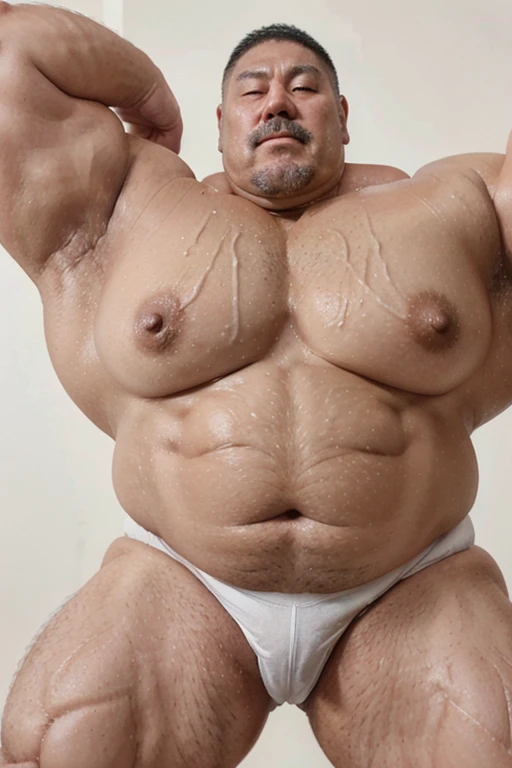 Hyperrealistic image of an elderly Korean man with very sweaty white hair, body-builder, More than 80 years..very muscular and fat, He weighs more than 200 kilos with a naked torso., large and flaccid pectorals, Brown nipples and a large grey handlebar mou...