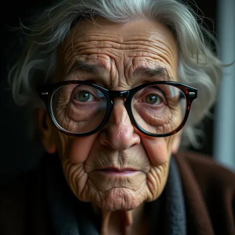 Move your glasses、An old woman thinking as if asking a question: "A lifelike image of an elderly woman with deep lines in her face, lowering her glasses slightly and looking over them with a thoughtful expression. Her eyes are sharp, and her lips are press...