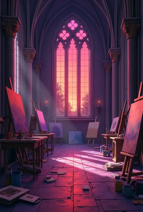 Big Gothic Art Studio hall. , canvas, Paint, brush. Sky at the window is red. Room has purple accents. Without People in it. Messy