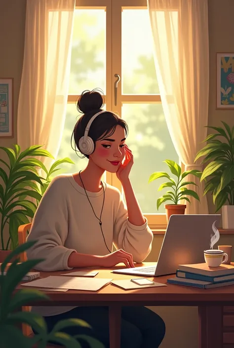 A cozy, well-lit home office with soft morning sunlight streaming through the window. A person sits at their desk, focused on their work, wearing headphones, gently nodding to the beat of the music. A cup of coffee steams beside them, and plants decorate t...