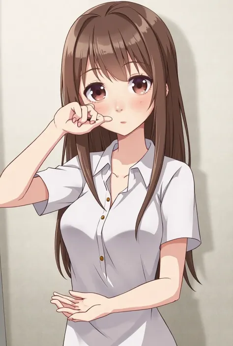 Japanese, ((live-action:1.4)), 1, woman, beautiful girl, high resolution, Highest quality, 1 girl, Droopy eyes, Random Location, Random pose, Random outfit, Straight brown hair down to the shoulders, round face, Big eyes, Beautiful eyes, Droopy eyes