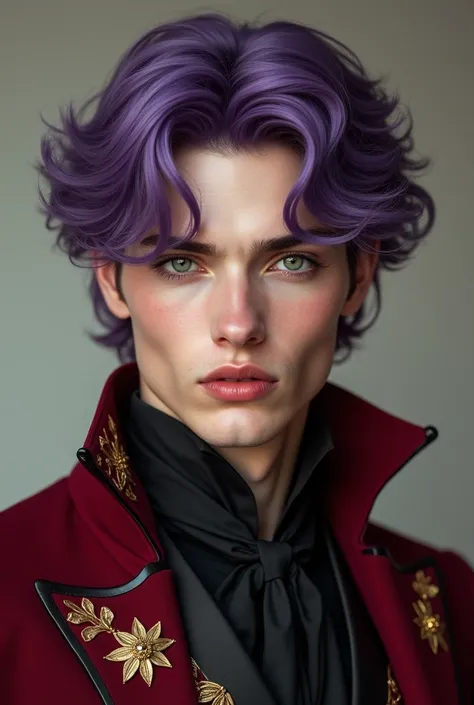 Image of Prince Lion, short purple wavy hair, clear skin, green eyes, peach colored lips, Wine red suit with black and gold touches, perfect nose, perfect lips 