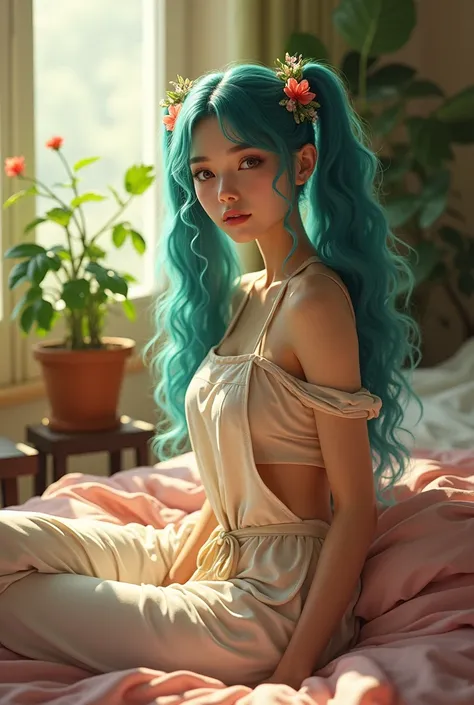 (photorealism:1.2), beautiful woman, turquoise twintails, hair accessory at twintails, flowery accessory, braid, wearing a maid apron, maidreamin, sitting on bed, wearing loose off-shoulder top, pajama pants, long curly hair, indoors, soft lighting, plants...