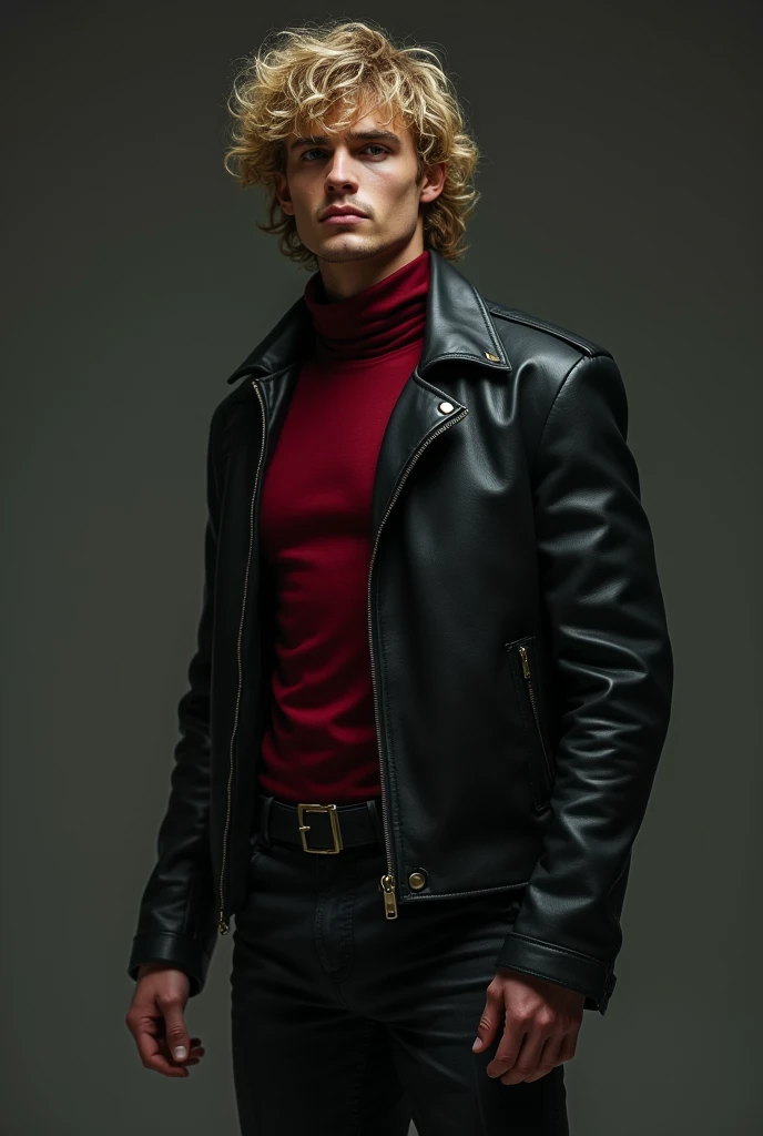 A young  man with curly little long blond hair wearing a crimson turtleneck and a black leather jacket With  stubble  and tall height and black eyes, black boots