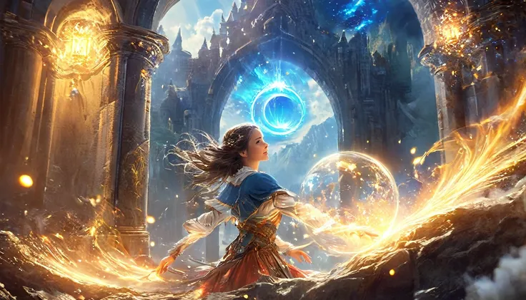 1 beautiful girl, Fantasy world with magic portal, Everything was magical, The atmosphere was magical, Photo real, Attention to detail, best quality, 4K