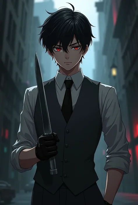 Nineteen year old boy, black hair, gray vest suit, black tie, red eyes, black gloves, holding a knife, night background 